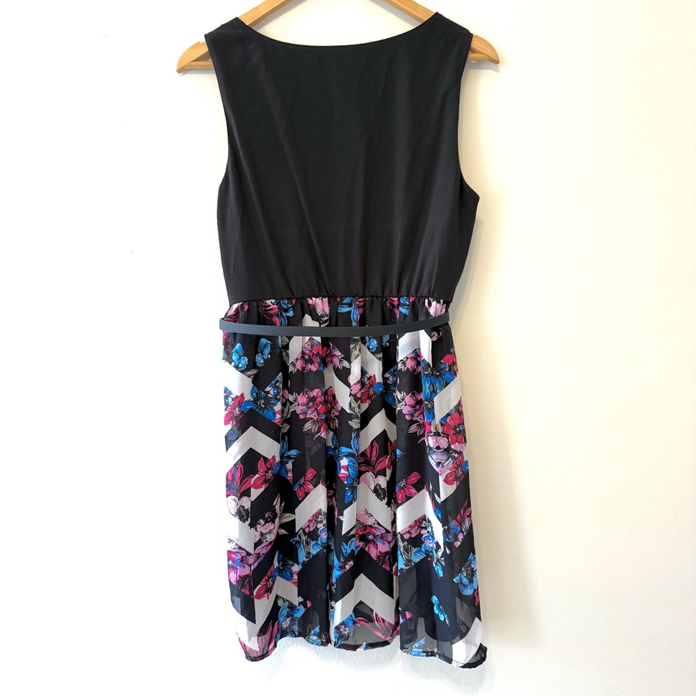 Lily Rose Black and Multicolor Chevron Floral Chiffon Fit and Flare Dress - Picture 9 of 13